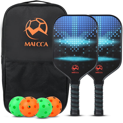 Pickleball paddle set with MAICCA bag, two blue paddles, and green/orange balls bundle