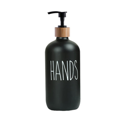 Kitchen faucet mat accessory: black hand soap dispenser bottle with pump and wood top