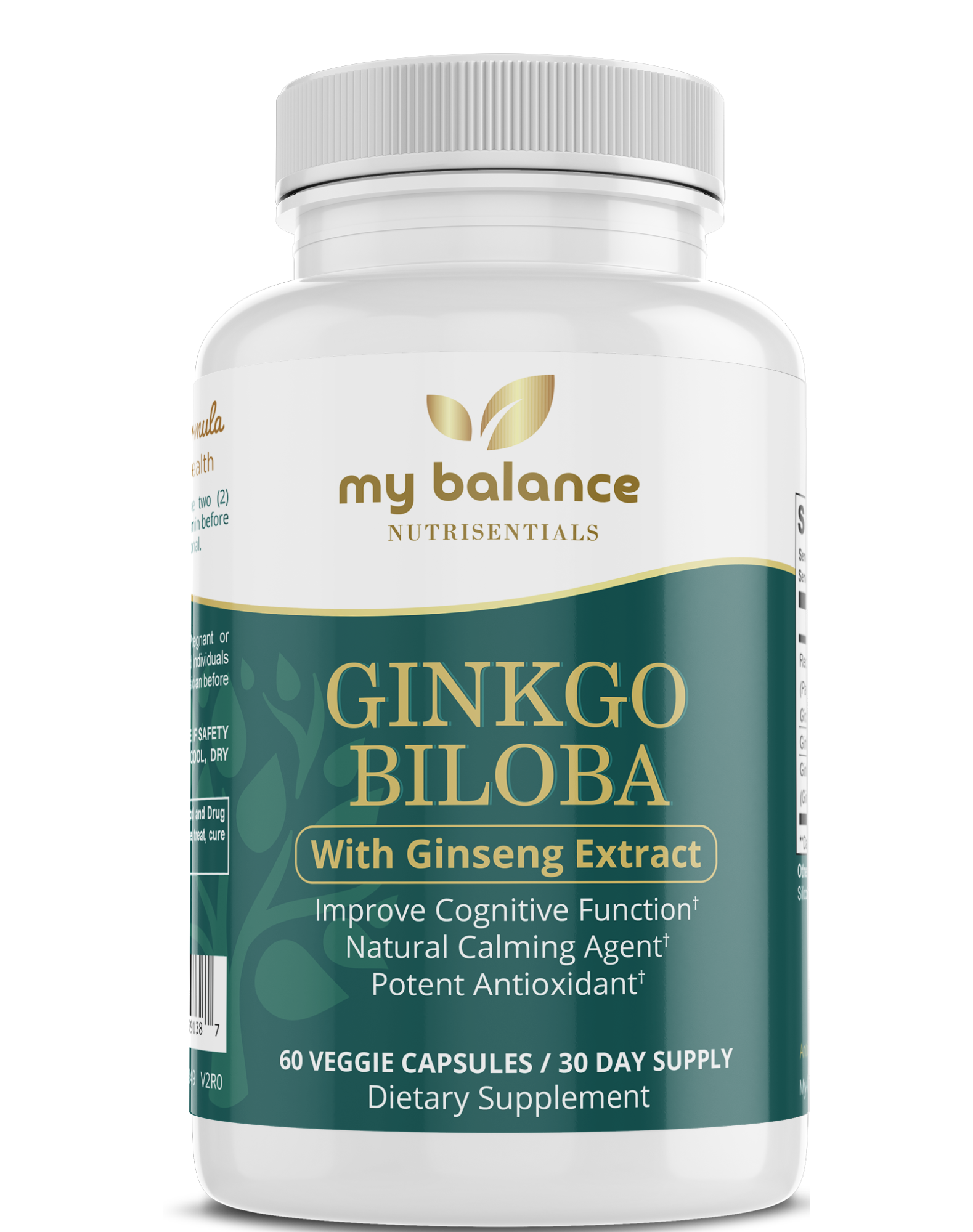 Ginkgo biloba supplement bottle with ginseng extract label and 60 veggie capsules