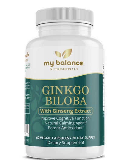 Ginkgo biloba supplement bottle with ginseng extract label and 60 veggie capsules