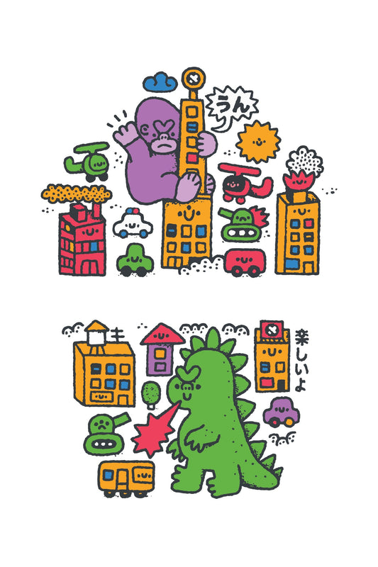 Temporary kids tattoo sleeve with colorful city, dinosaur and icons