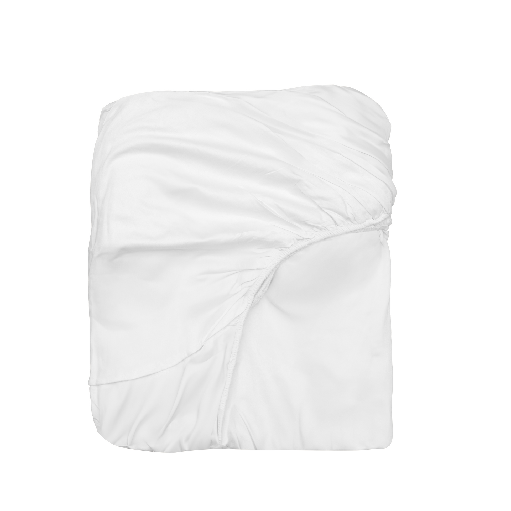 Organic sateen fitted sheet in white, folded flat with smooth, draped folds