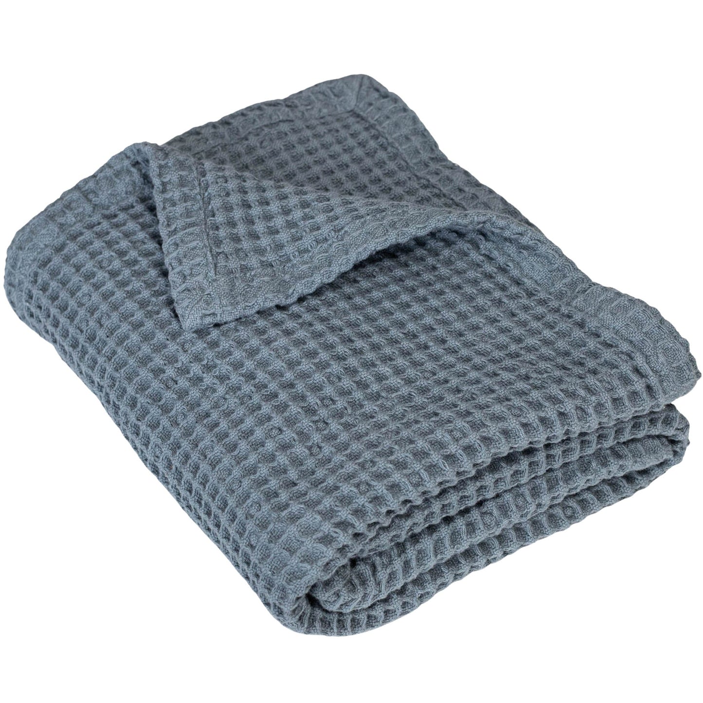 Waffle baby blanket in slate gray, folded with visible waffle-knit pattern