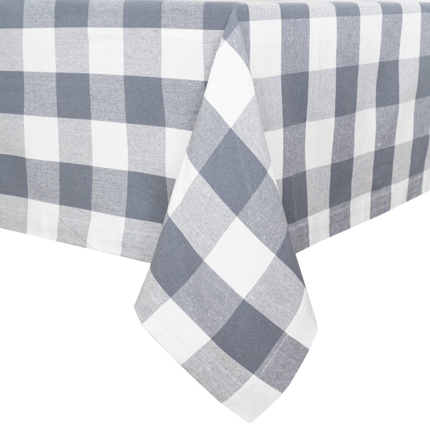 Gray and white plaid tablecloth with a pointed corner hanging