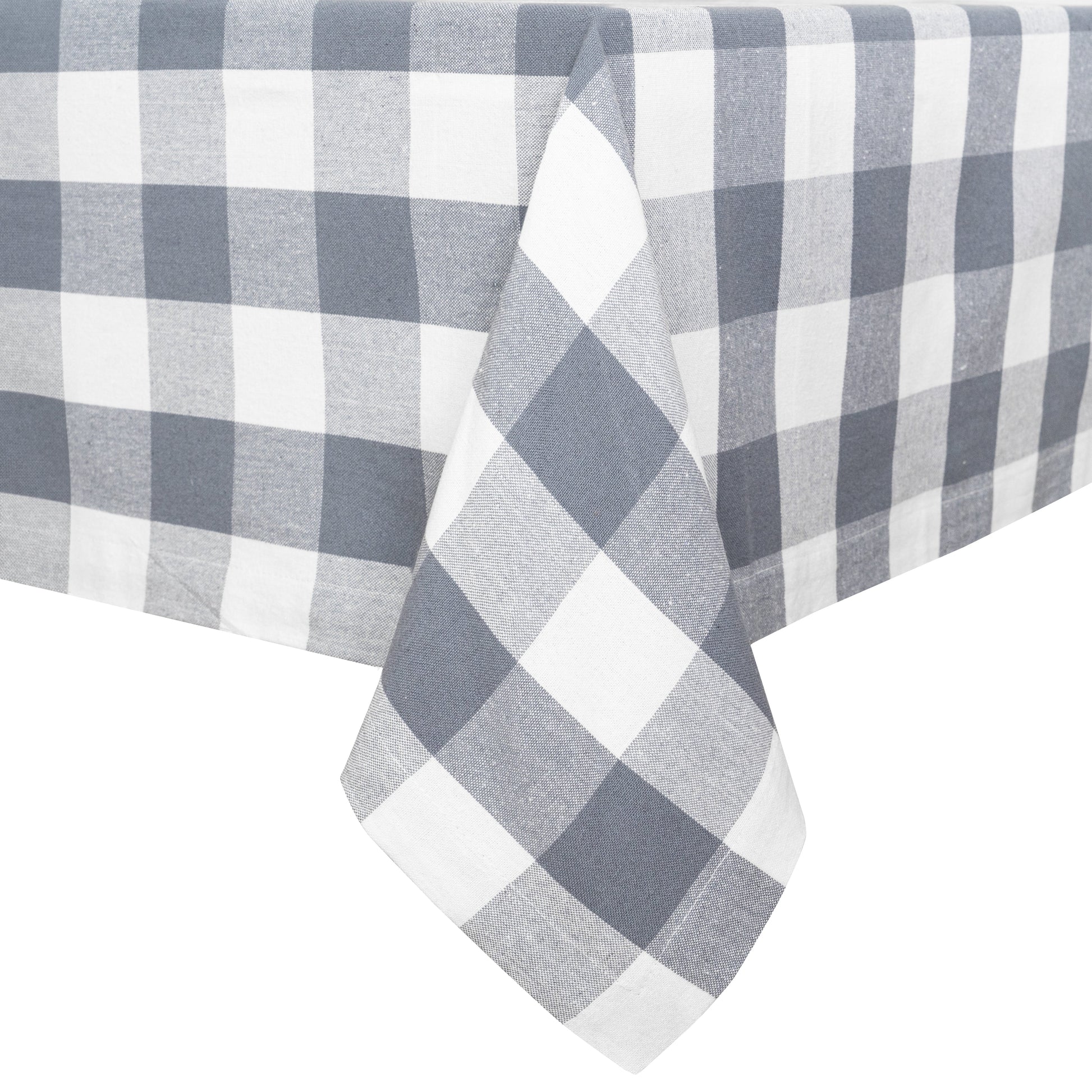 Gray and white plaid tablecloth with a pointed corner hanging