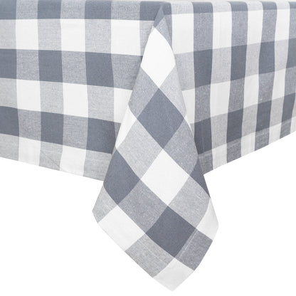 Gray and white plaid tablecloth with a pointed corner hanging