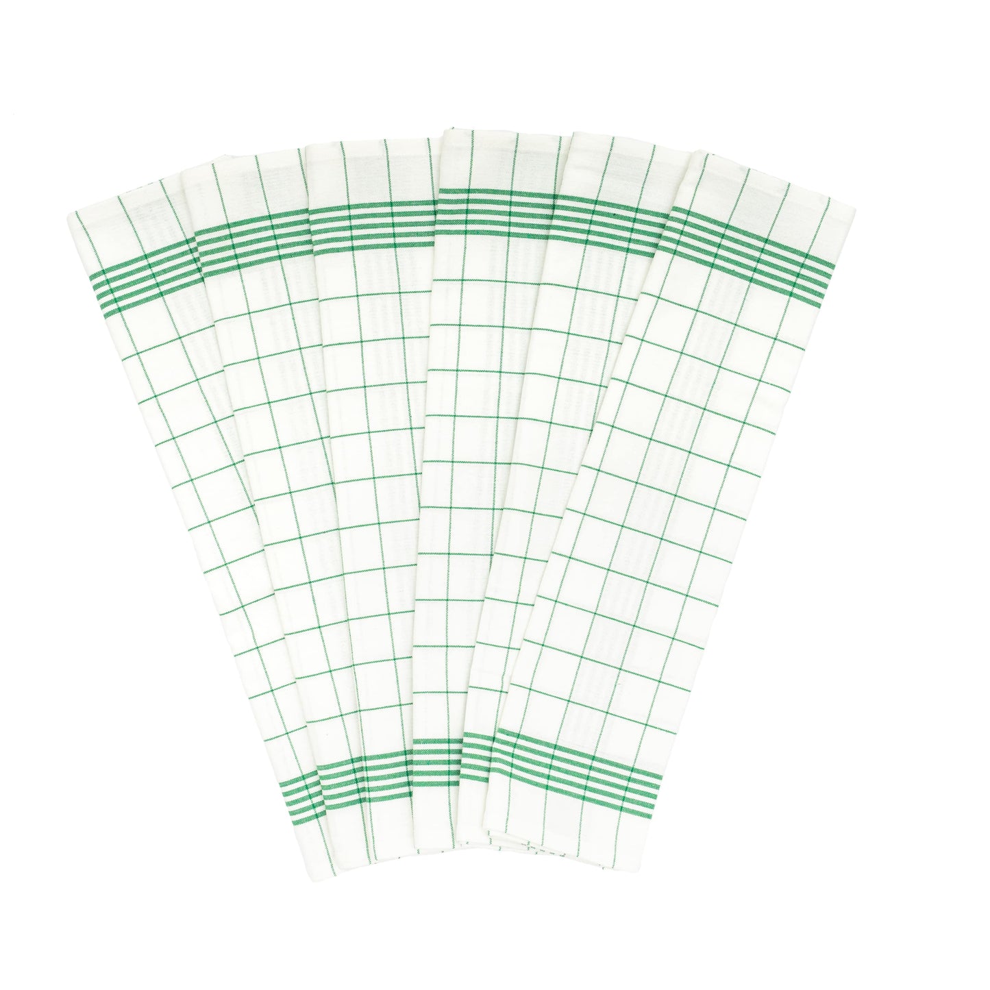 White kitchen towels with green windowpane grid, folded set of multiple towels