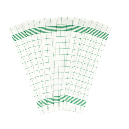 White kitchen towels with green windowpane grid, folded set of multiple towels