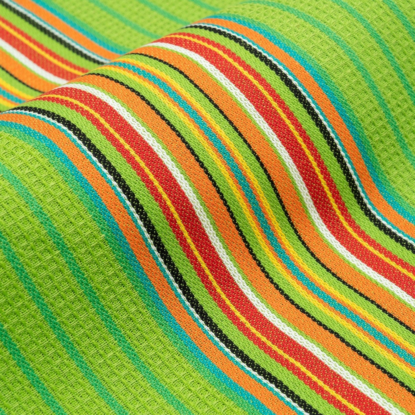 Striped kitchen towel fabric close-up in green and teal with red, orange, and white stripes