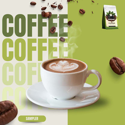 Coffee sampler pack with latte cup and small coffee bag package