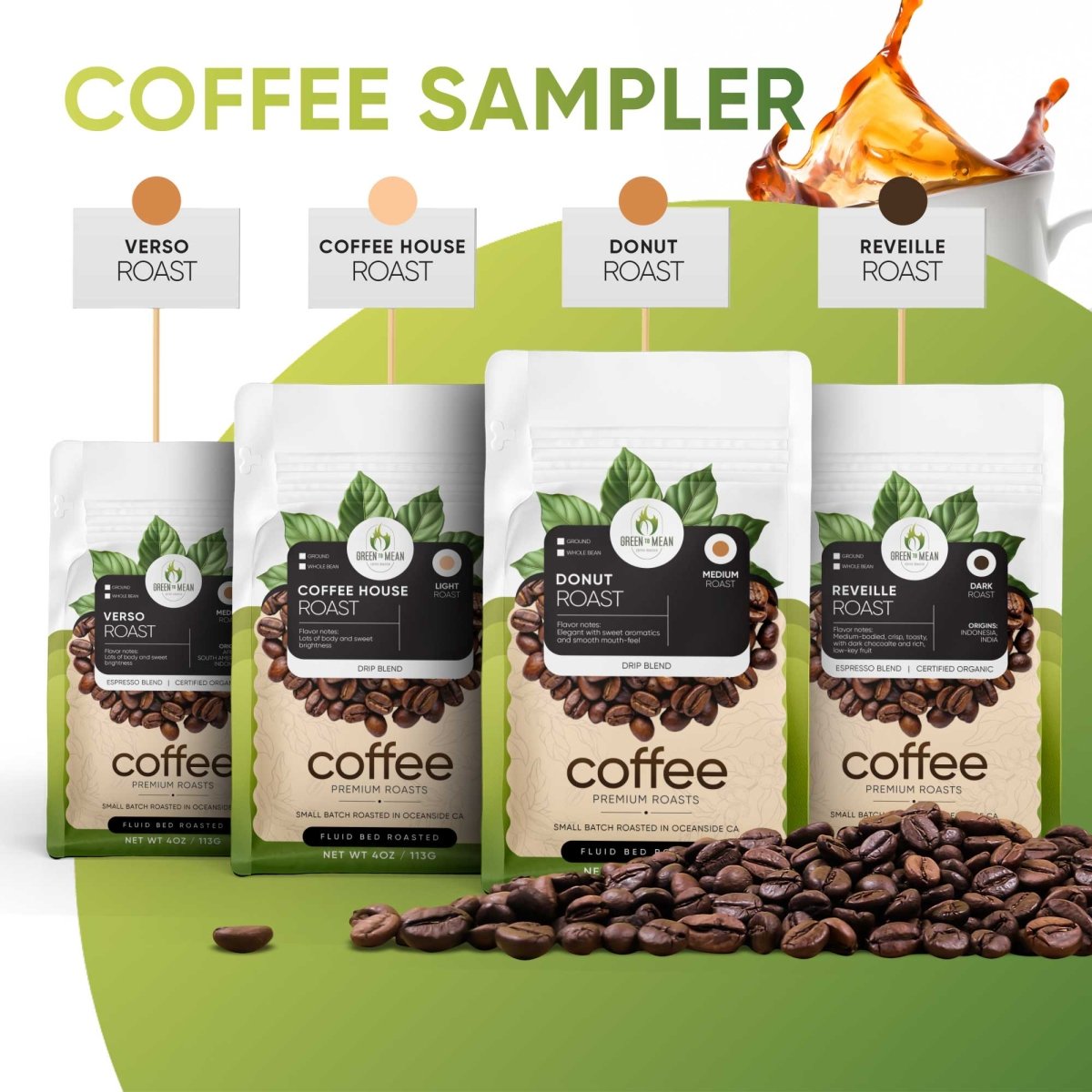 Coffee sampler pack with four roasted coffee bags, each with green leaf label