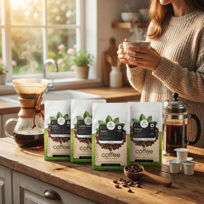 Coffee sampler pack on table with four roast bags and coffee cups