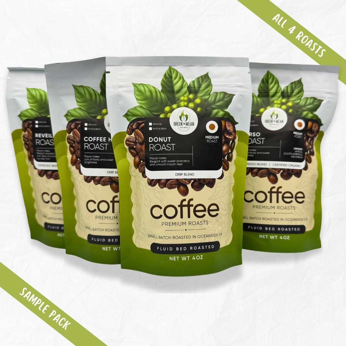 Coffee sampler pack of three roast bags with green leaf front on white
