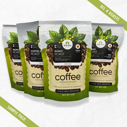 Coffee sampler pack of three roast bags with green leaf front on white