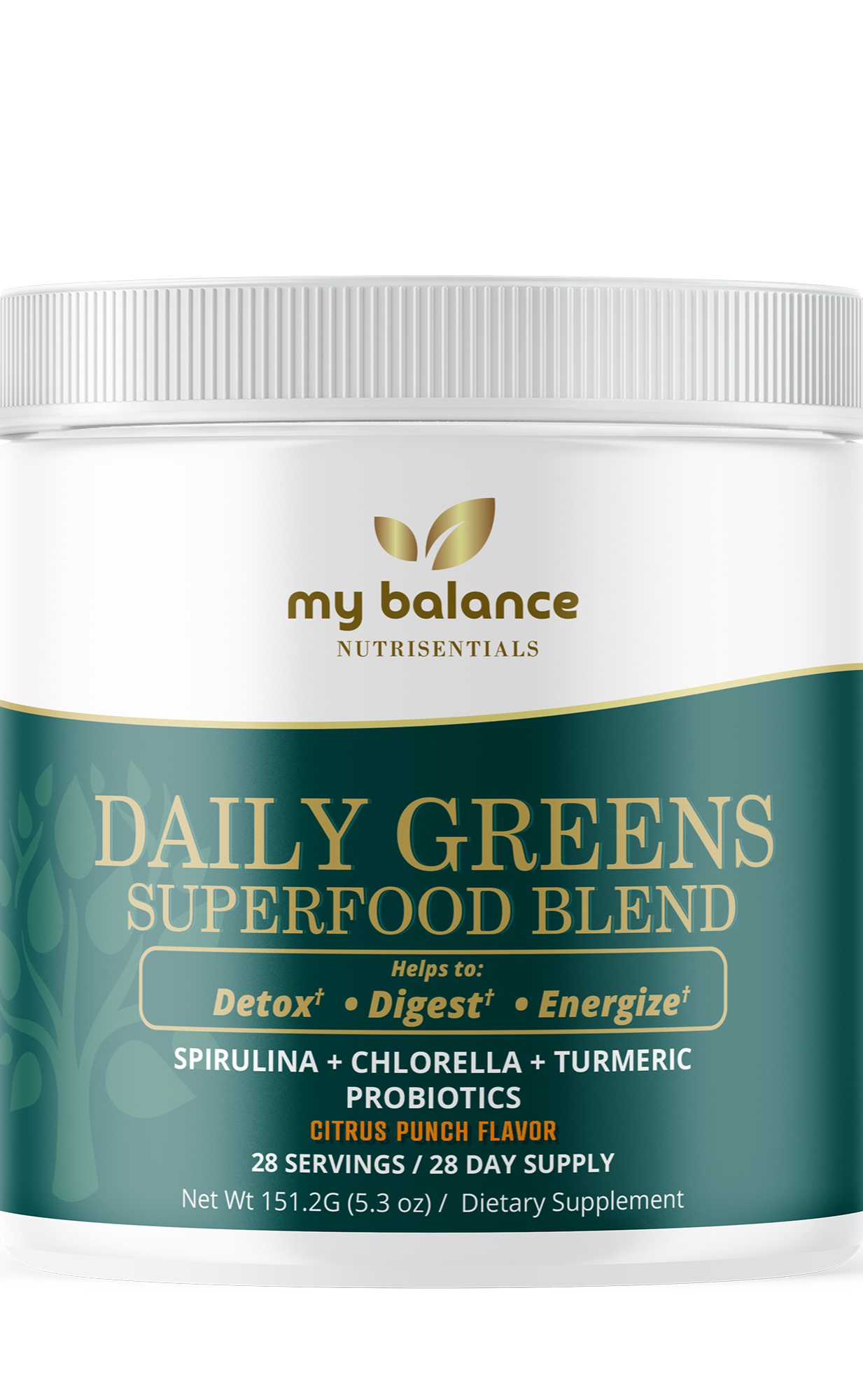 Green superfood blend supplement tub with my balance label, ribbed white lid