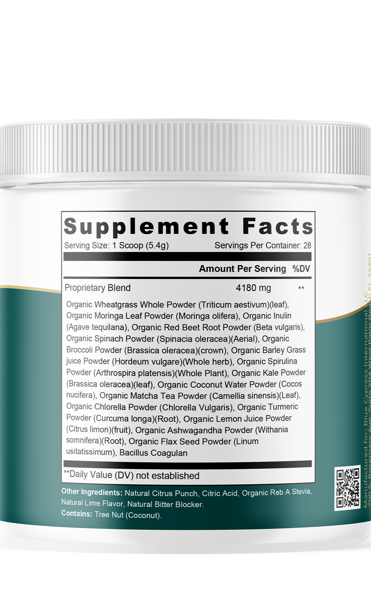 Supplement Facts panel on green superfood blend powder tub, white ribbed lid