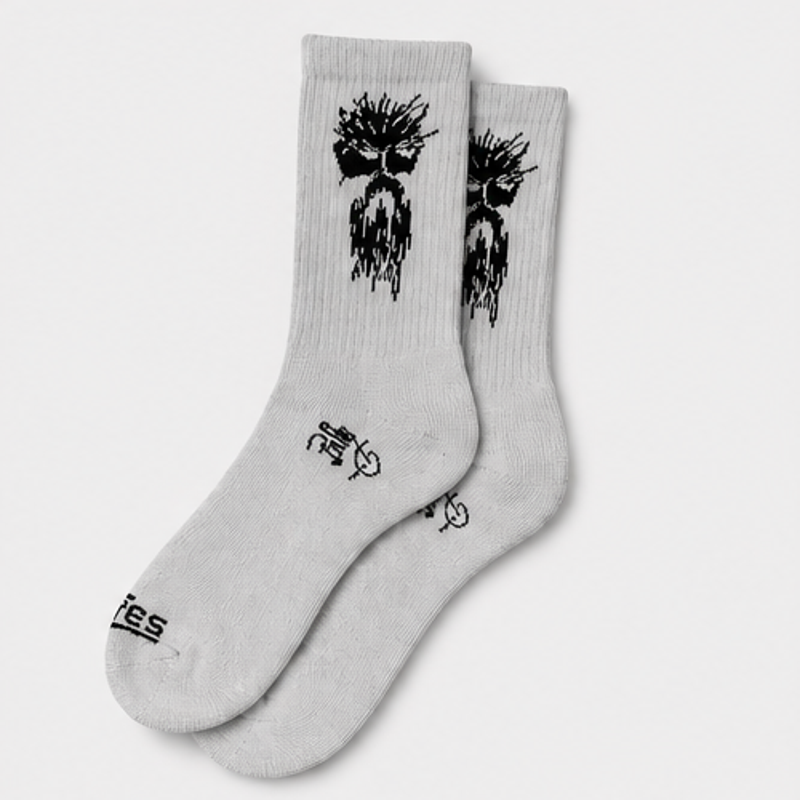 Grey boot socks with black tree-and-drip graphic, ribbed crew cuffs, pair shown.