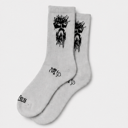 Grey boot socks with black tree-and-drip graphic, ribbed crew cuffs, pair shown.