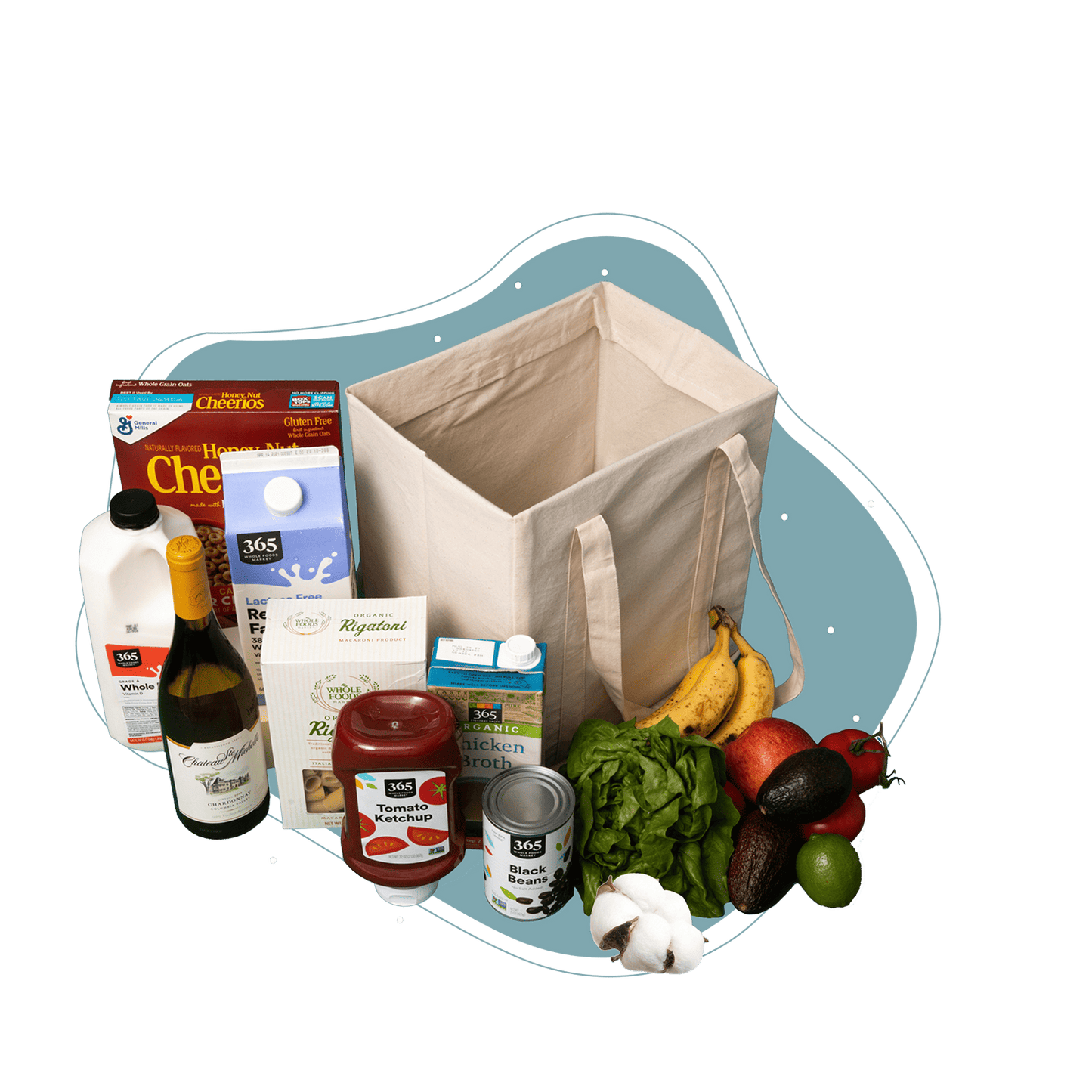 Light beige collapsible grocery shopping bag filled with groceries and foldable side handles