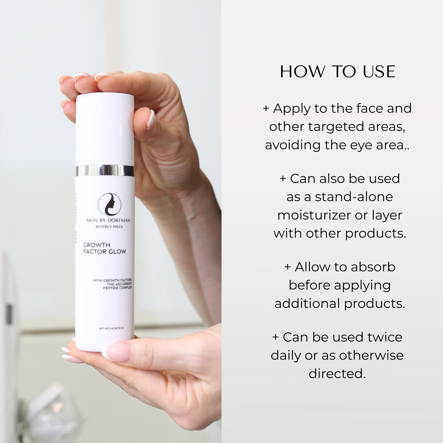 Facial serum bottle held up with silver cap visible