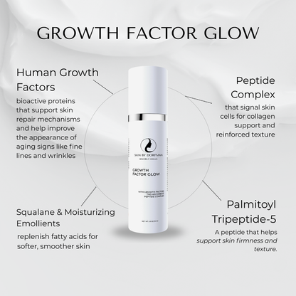 Facial serum bottle with ingredient feature graphic