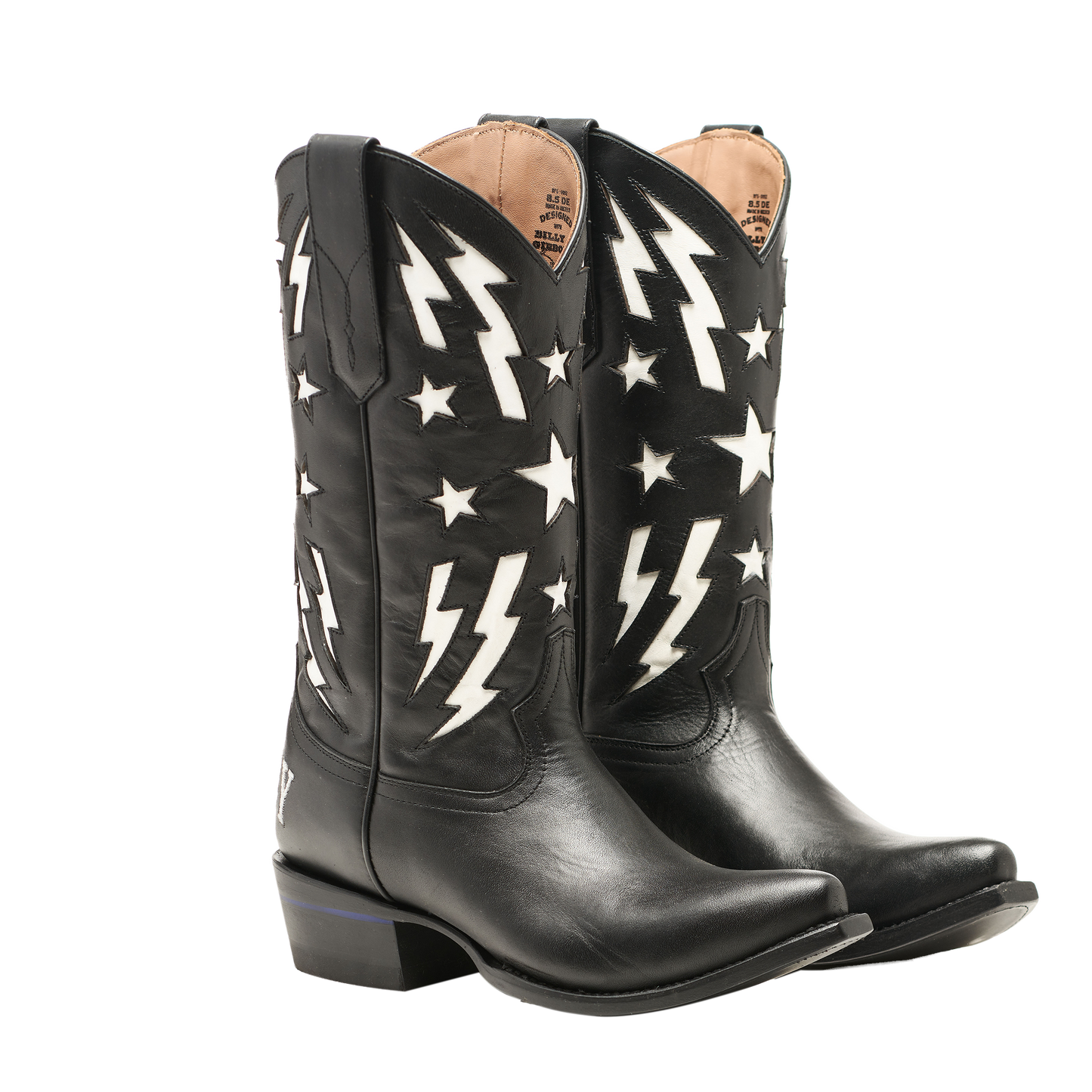 Black cowboy boots with white star and lightning appliques, mid-height heel