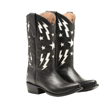 Black cowboy boots with white star and lightning appliques, mid-height heel