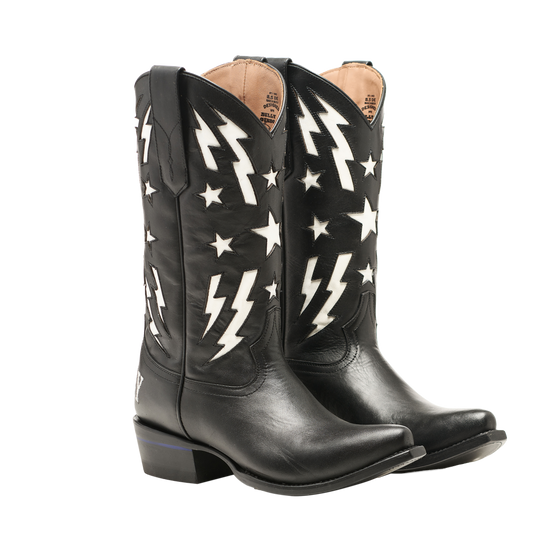 Black cowboy boots with white star and lightning appliques, mid-height heel