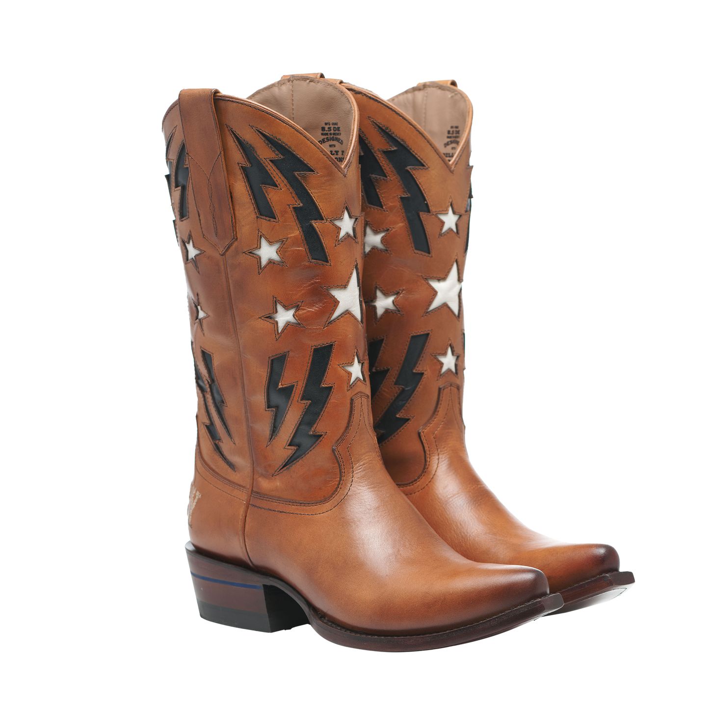 THE BFG II cowboy boots, tan leather with lightning and star cutout stitching
