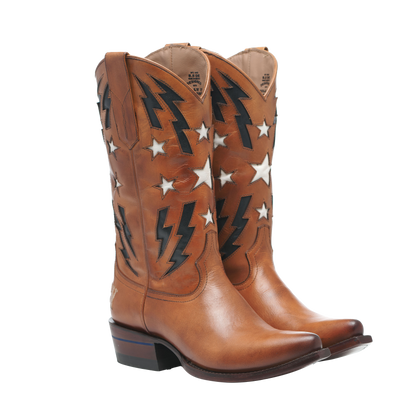 THE BFG II cowboy boots, tan leather with lightning and star cutout stitching
