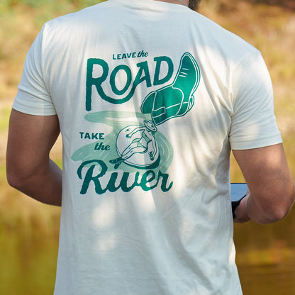 Off-white T-shirt back with teal Leave the Road Take the River design