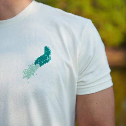 Off-white T-shirt front with small teal bird and branch graphic