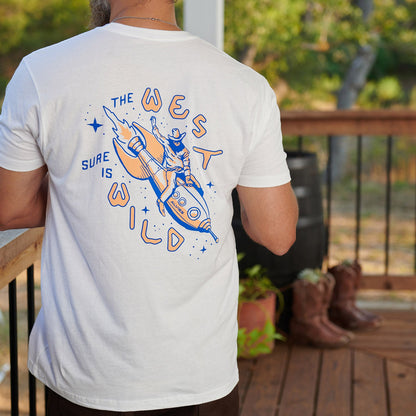 White T-shirt on model with large back space-themed graphic