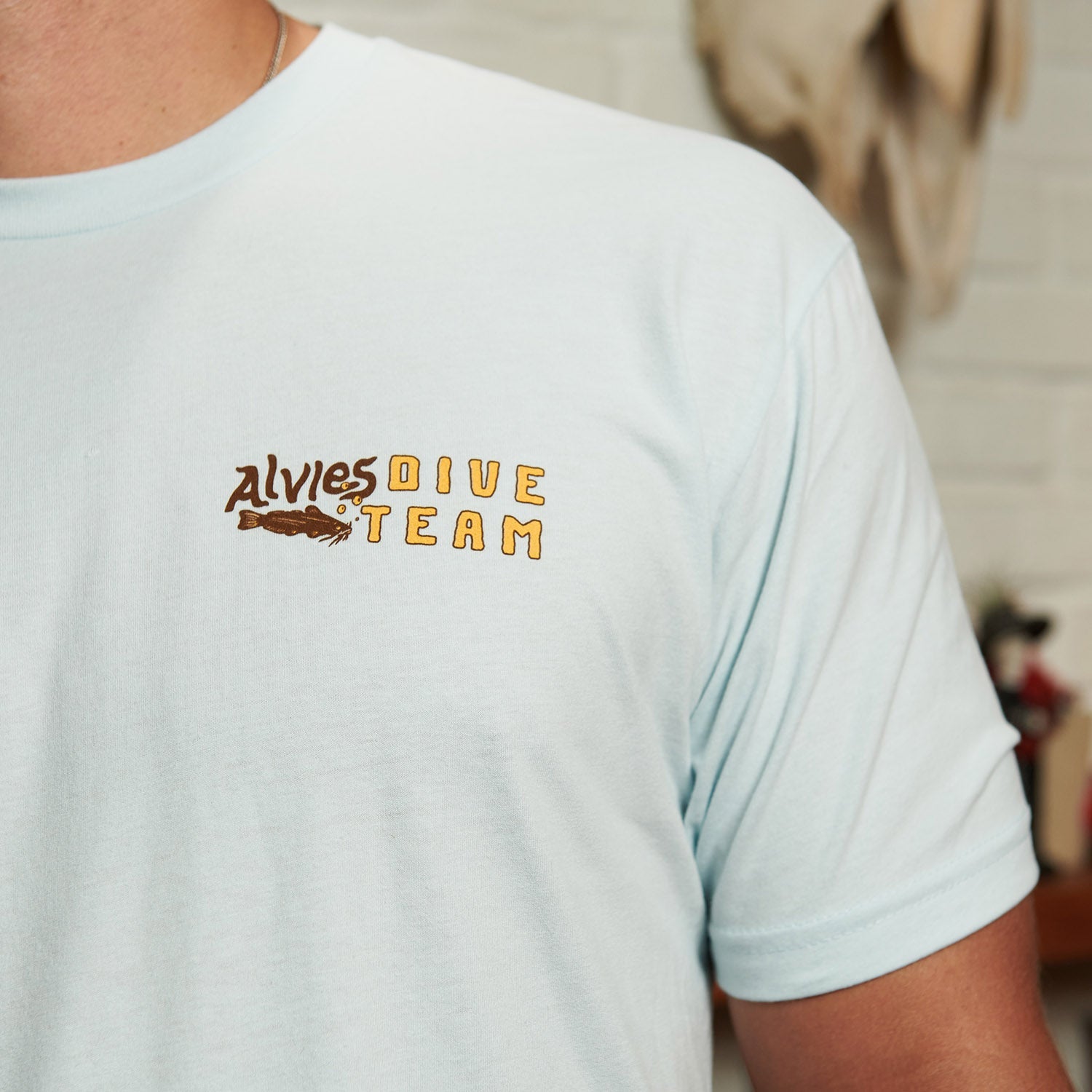Light blue T-shirt with small back logo reading Dive Team