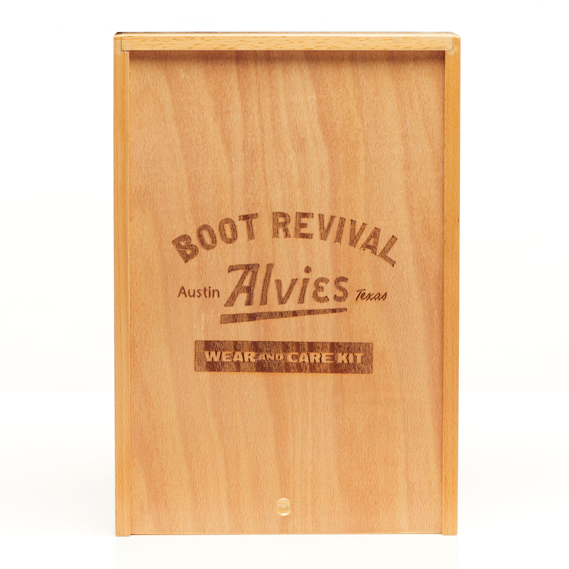 Boot care kit wooden box back panel with printed logo and care kit text