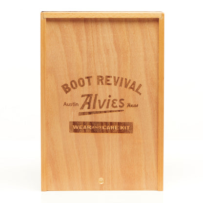 Boot care kit wooden box back panel with printed logo and care kit text