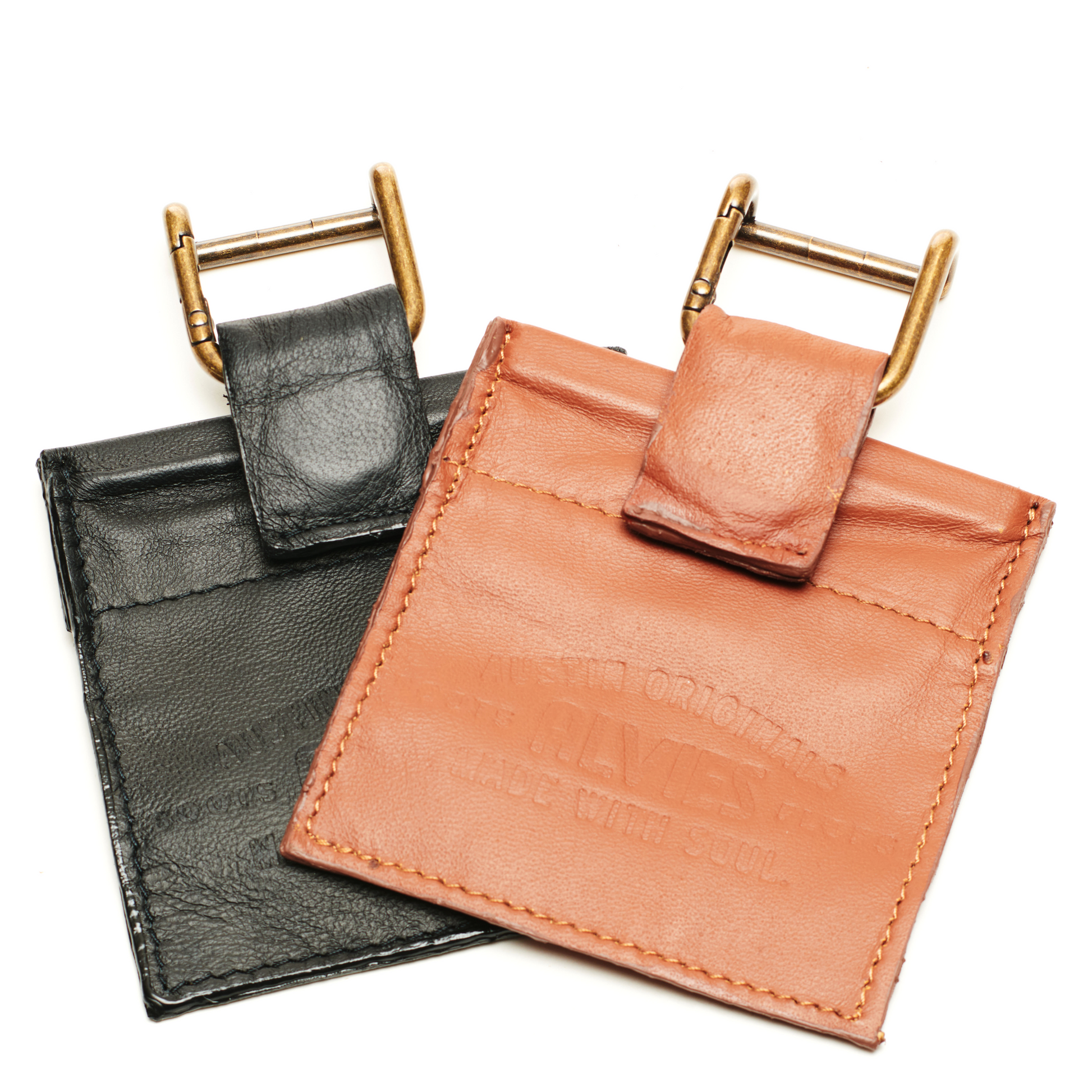 Black and orange-brown boot mule card holders with brass buckle and front pocket