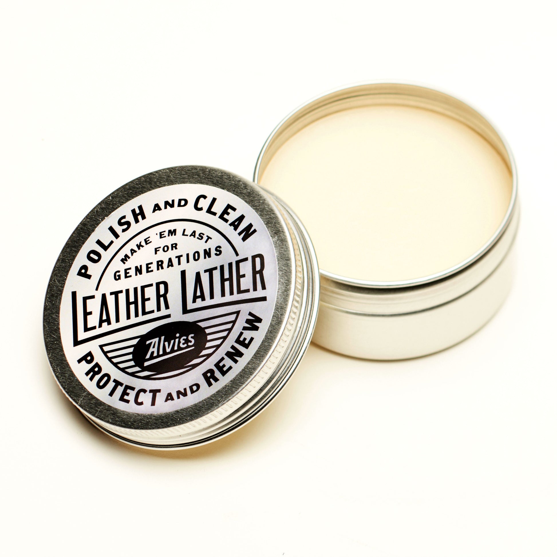 Leather care balm tin lid with round badge and cream jar base