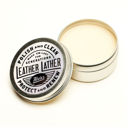 Leather care balm tin lid with round badge and cream jar base
