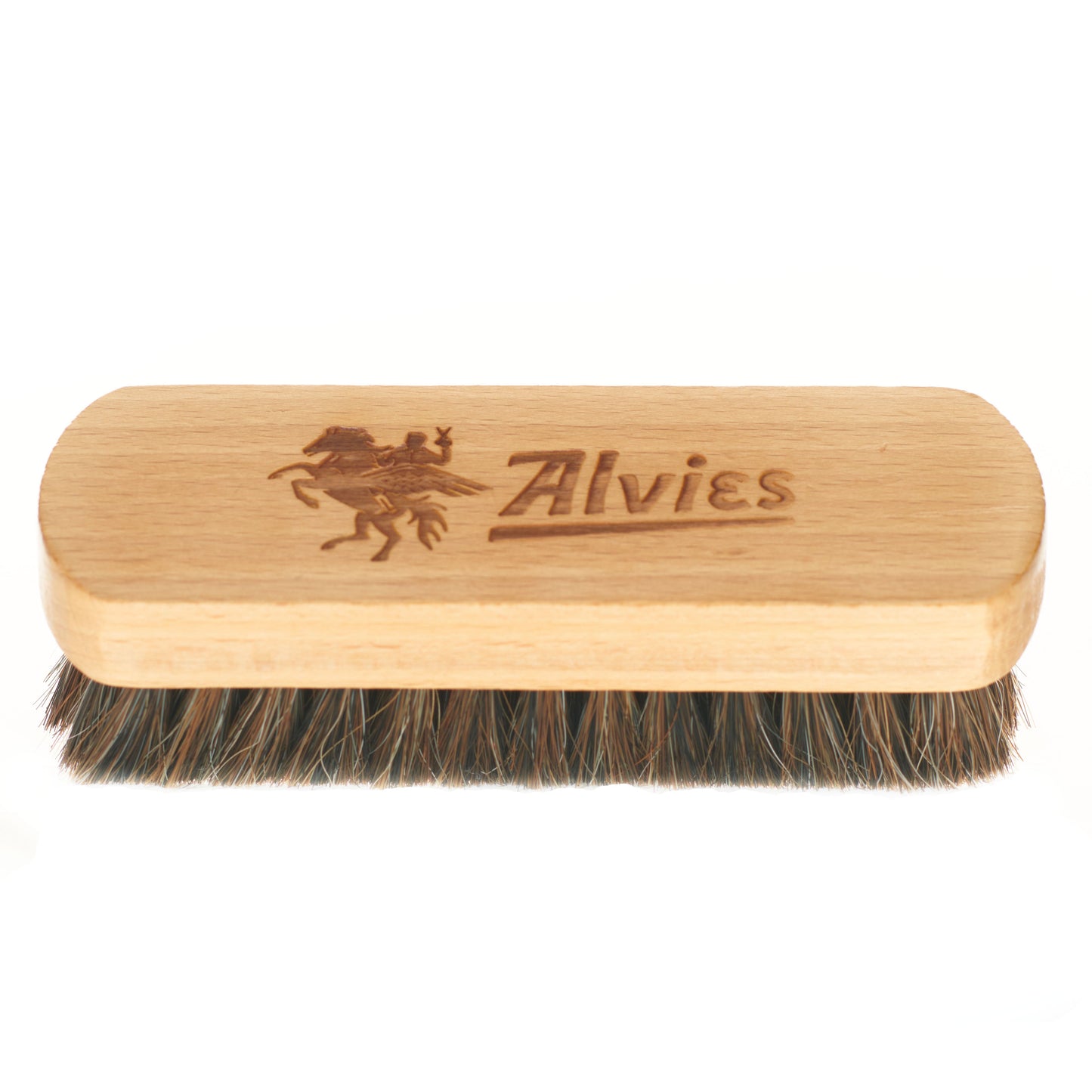 Wood-handled boot brush with horsehair bristles and Alvies logo