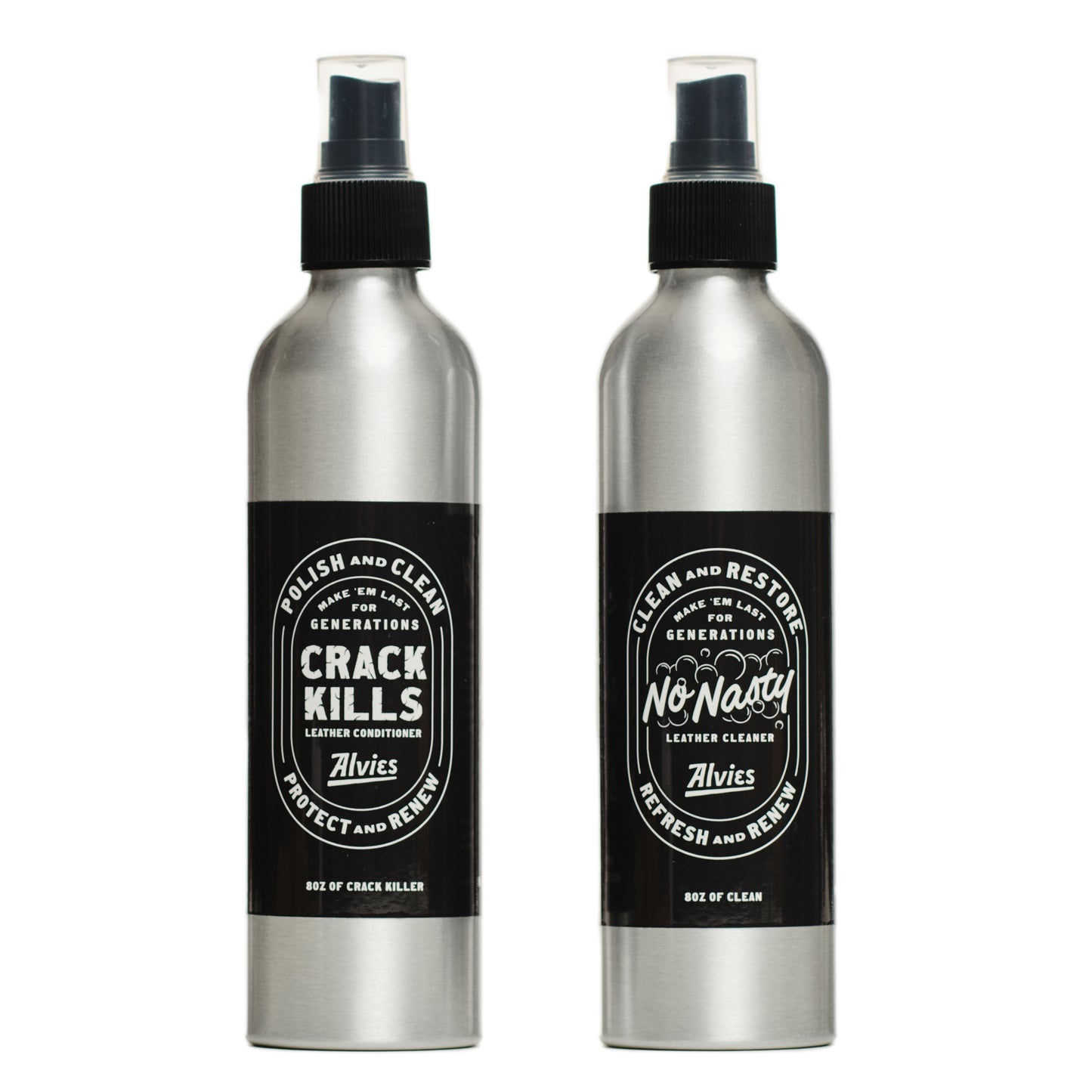 Boot cleaner bottles set with black spray tops and silver body labels