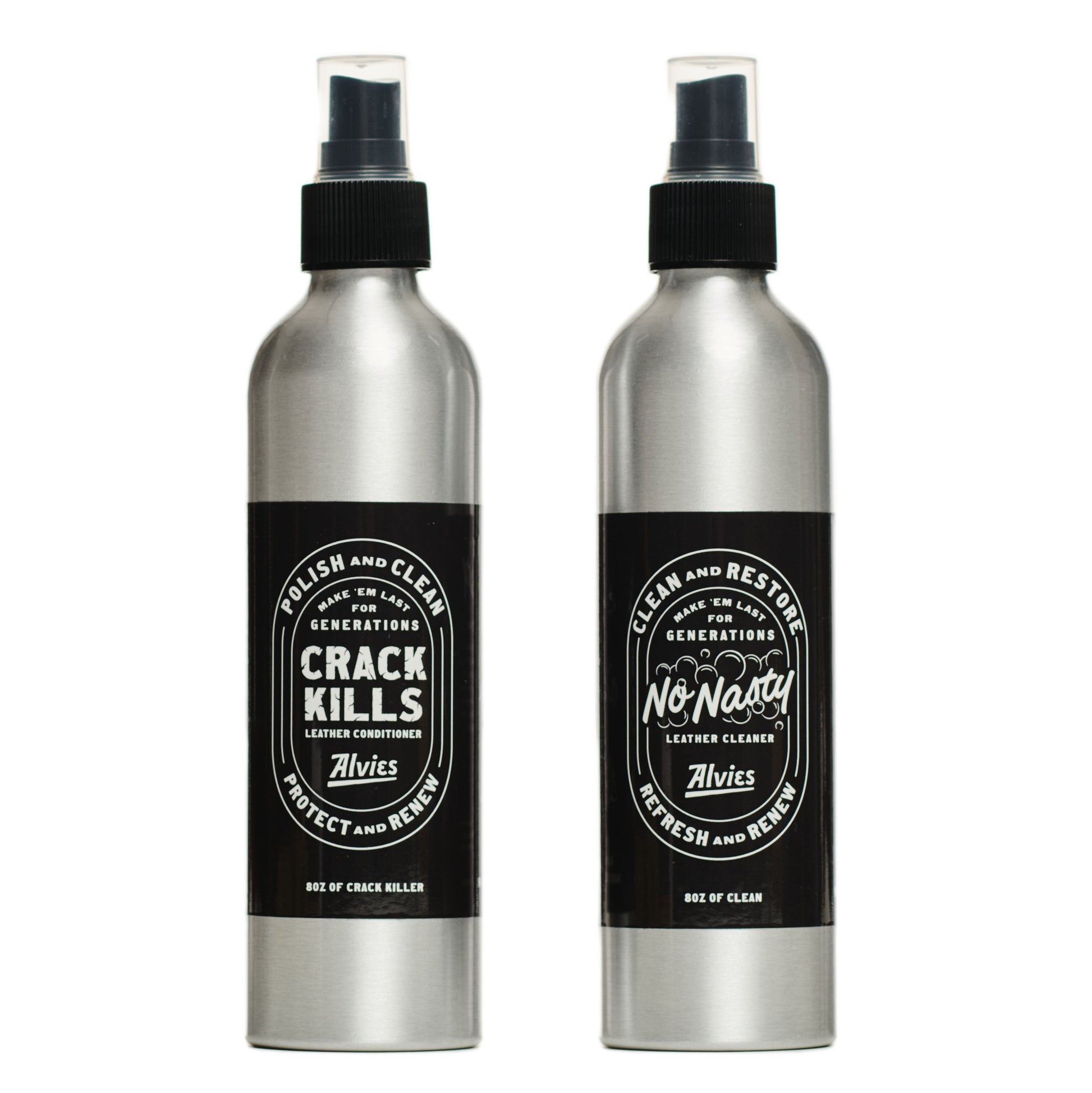 Boot cleaner bottles set with black spray tops and silver body labels