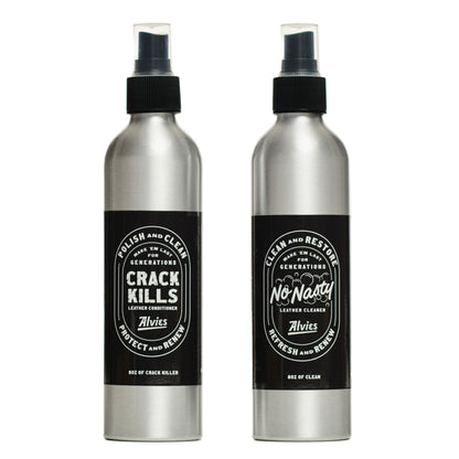 Boot cleaner bottles set with black spray tops and silver body labels