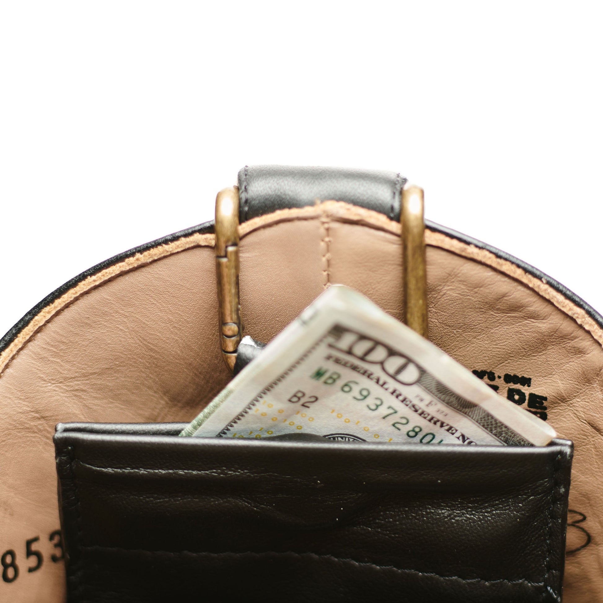 Black leather boot mule with brass buckle and cash in front pocket