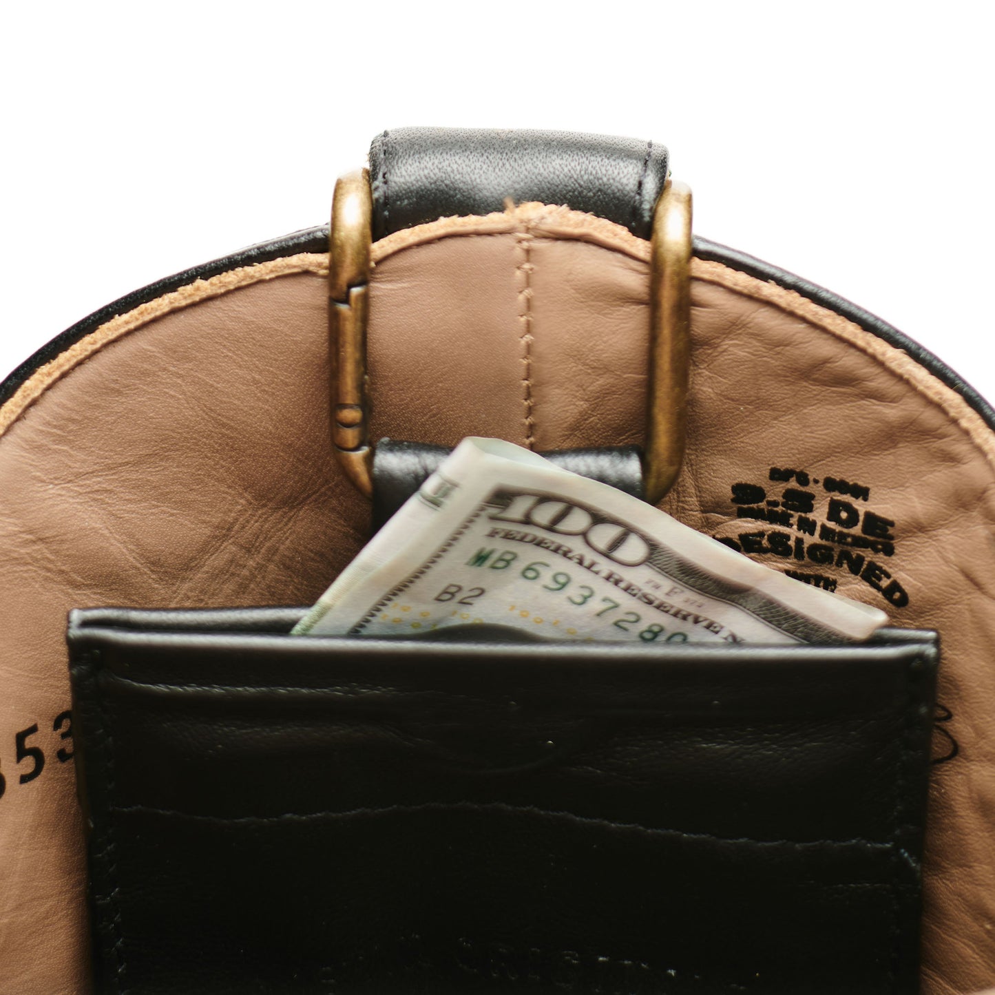 Black leather boot mule with brass buckle and cash in front pocket
