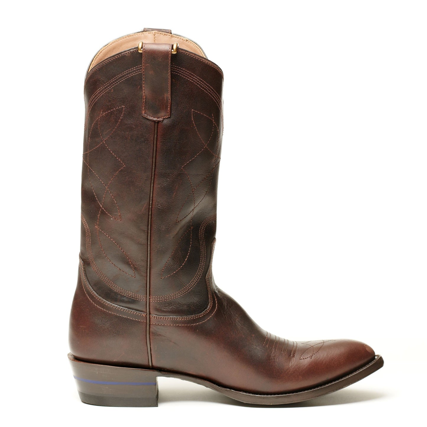 Brown leather cowboy boot mule with pointed toe and stacked block heel