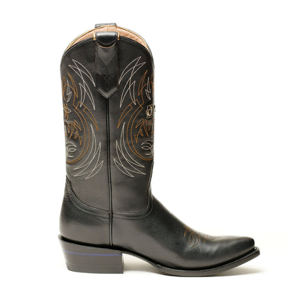 Black leather cowboy boot mule with decorative line pattern and stacked block heel