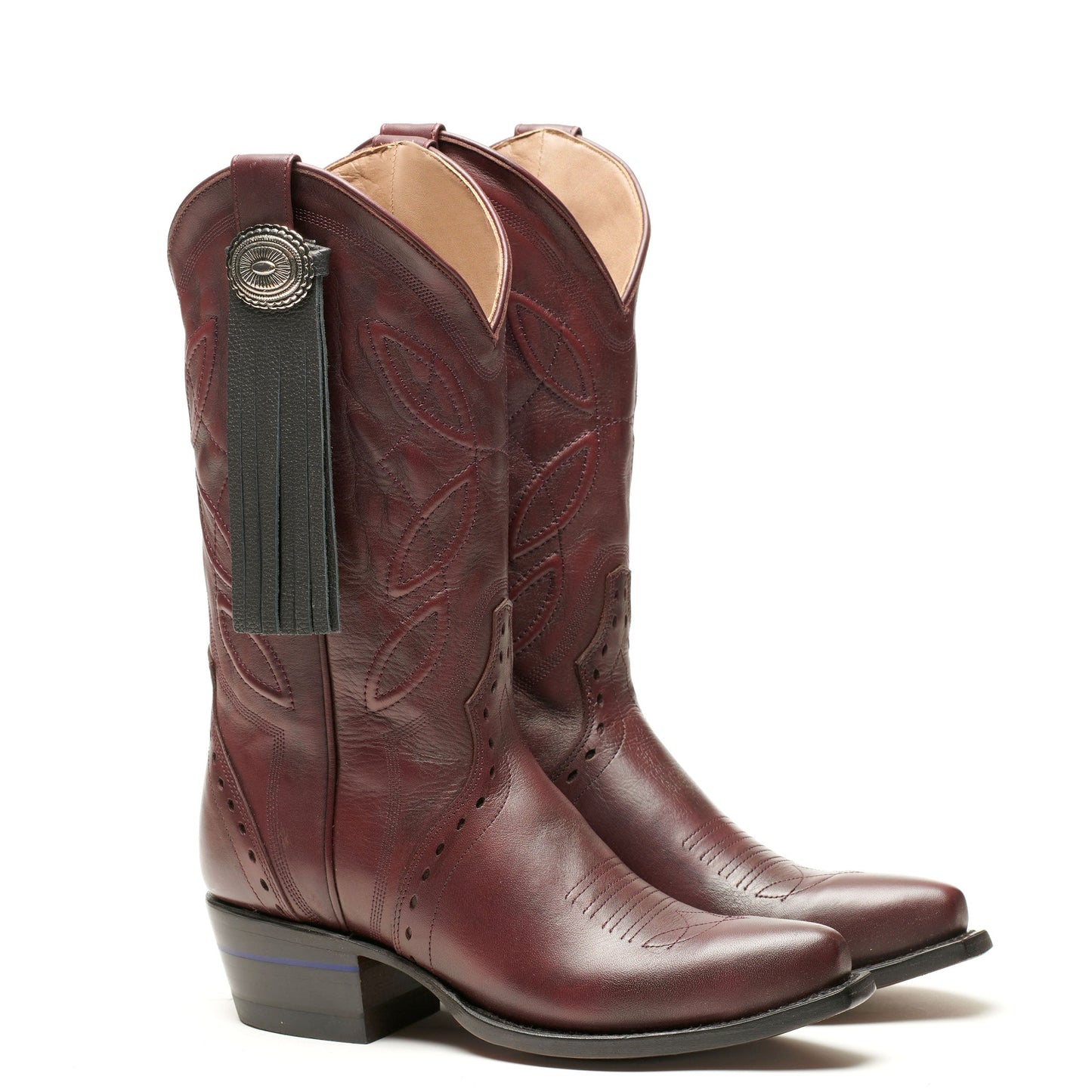 Burgundy leather western boot with long tassel fringe and round concho panel