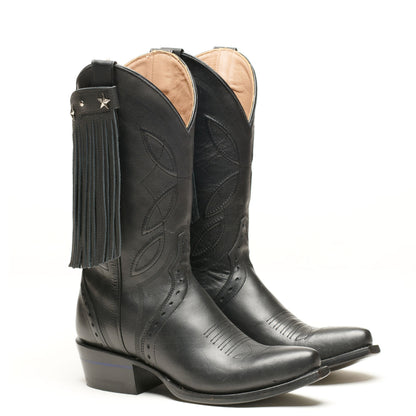 Black cowboy boots with pointed toe, star stitching, and fringe shaft
