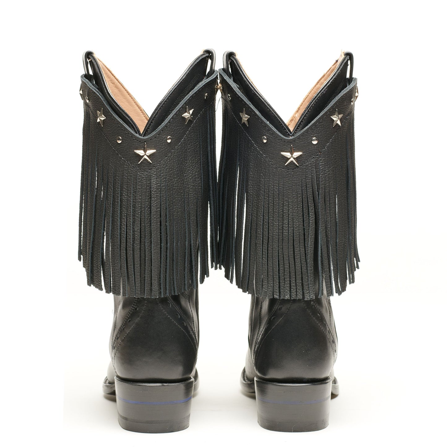 Black cowboy boots with fringe and star studs, tan lining at openings